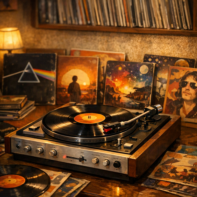 Tocadiscos vintage con vinilos y portadas clásicas