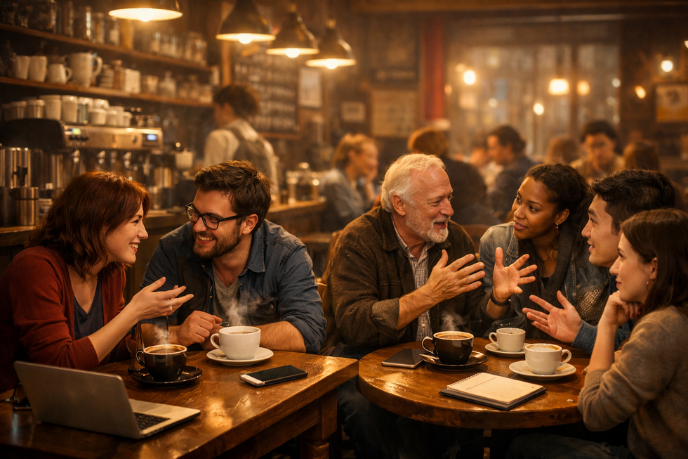 Grupo de amigos conversando en una cafetería acogedora